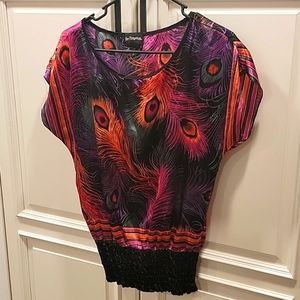 Silky pink and orange peacock pattern top SizeM